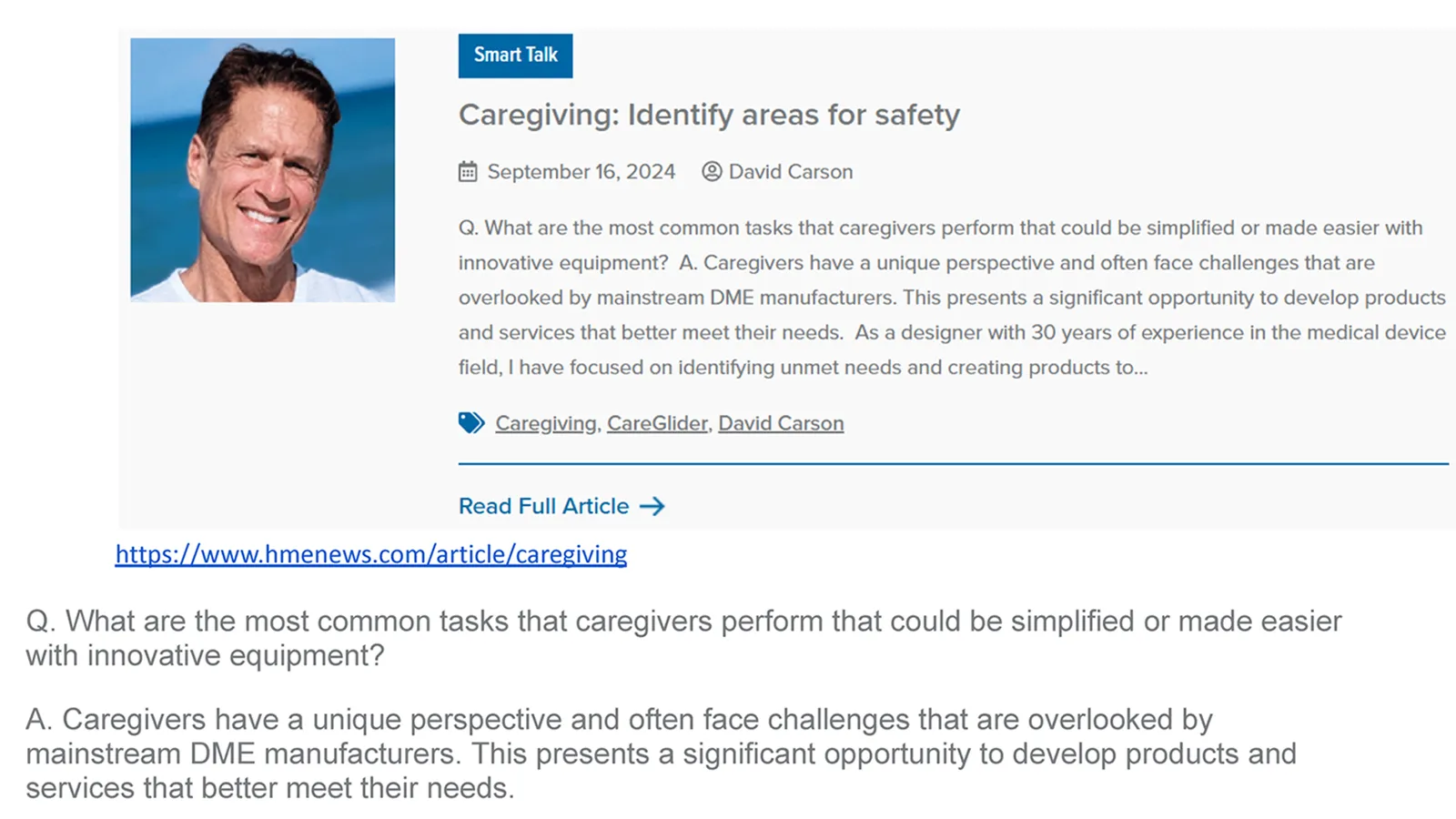 HME News Smart Talk preview for Caregiving: Identify Areas for Safety by David Carson