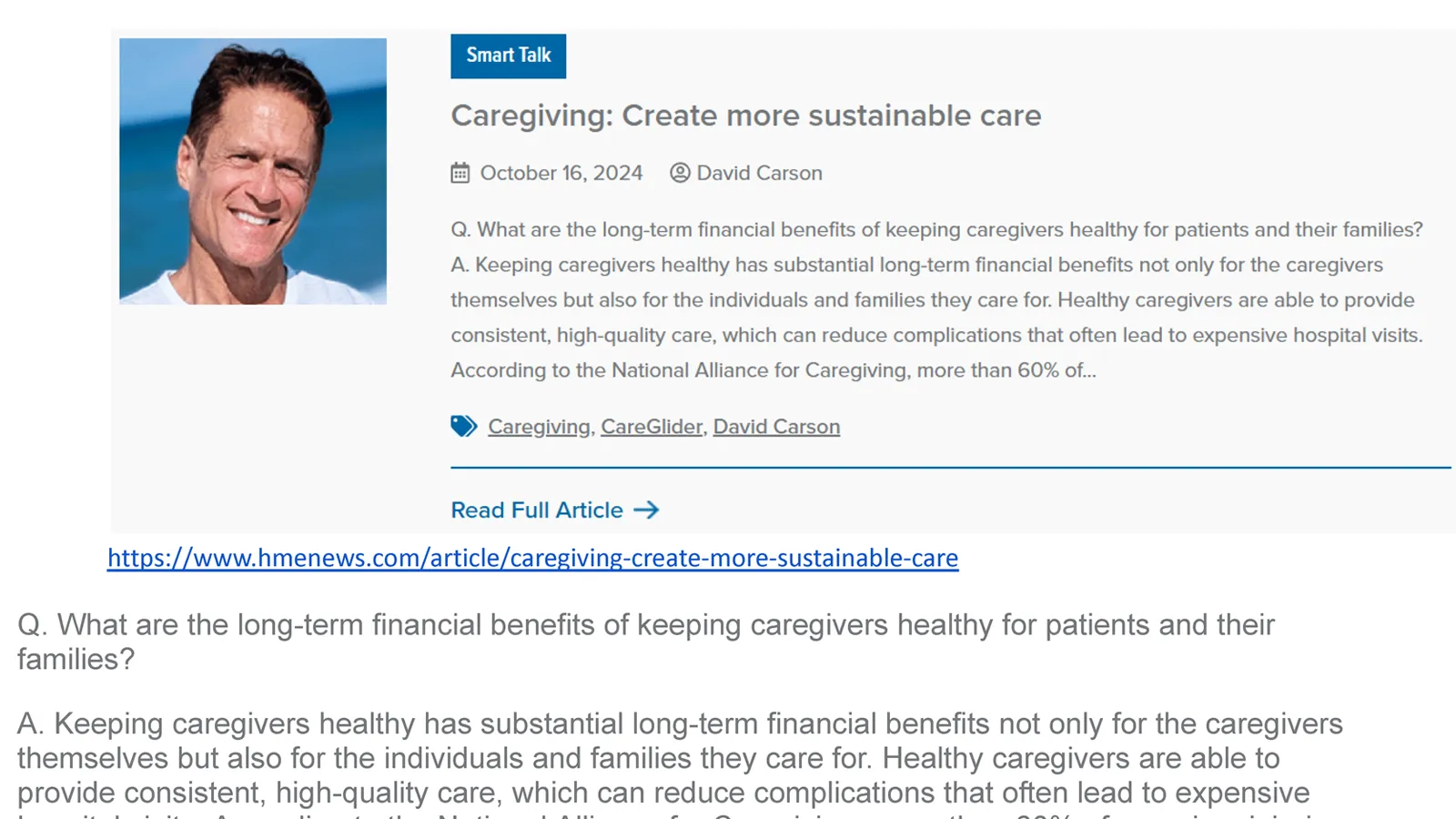 HME News Smart Talk preview for Caregiving: Create More Sustainable Care by David Carson