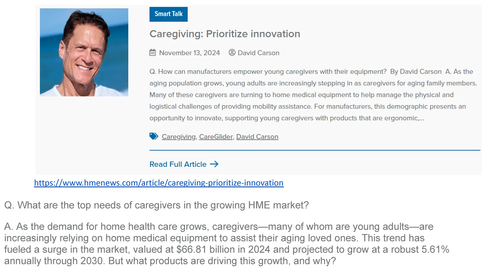 HME News Smart Talk preview for Caregiving: Prioritize Innovation by David Carson
